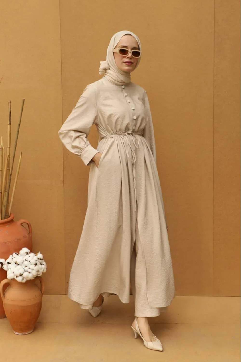Qumika Yarım Düğmeli Abaya Takım 6033 - Krem - 36/38