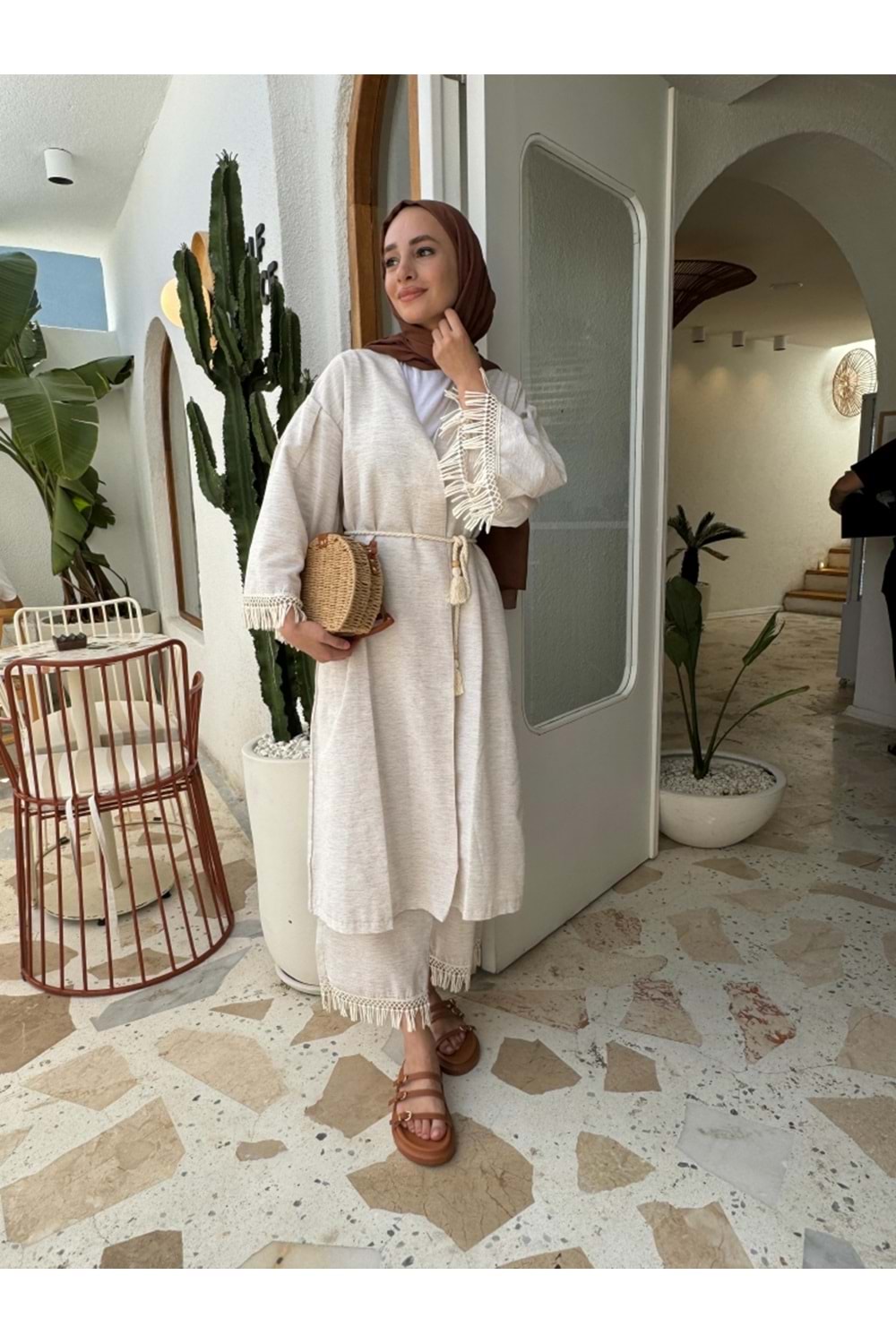 Püskül Detaylı Uzun Kimono ve Pantolon Keten Takım - Bej