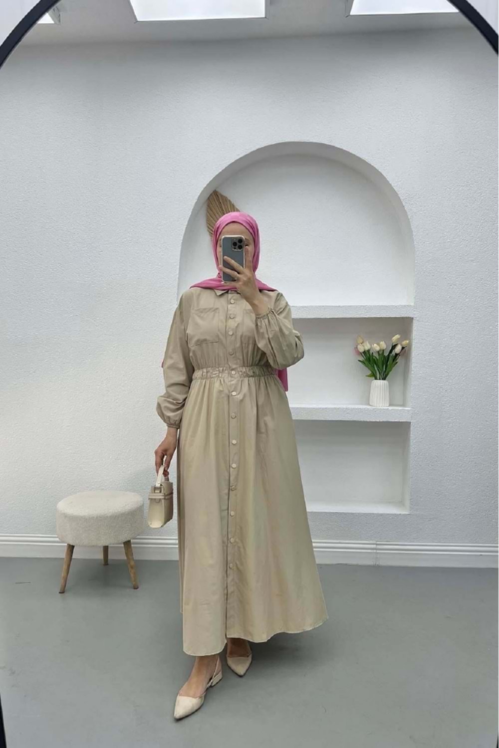Qumika - Çıtçıtlı Uzun Elbise - 23-522 - Bej - 36/38