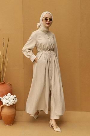 Qumika Yarım Düğmeli Abaya Takım 6033 - Krem - 36/38