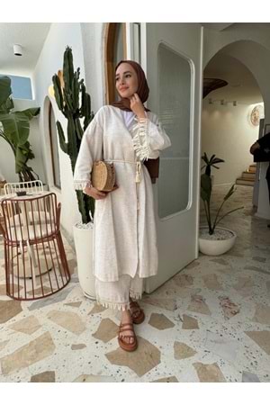 Püskül Detaylı Uzun Kimono ve Pantolon Keten Takım - Bej