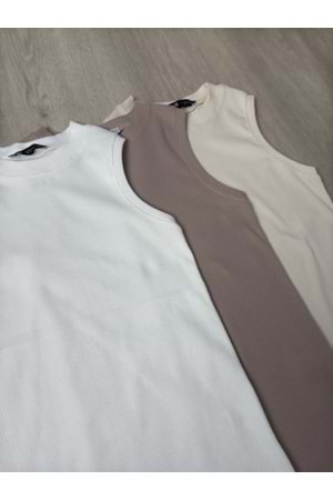 Qumika - Fitilli Sıfır Kol Crop -YK-1125 - Taş - L