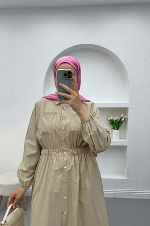 Qumika - Çıtçıtlı Uzun Elbise - 23-522 - Bej - 36/38