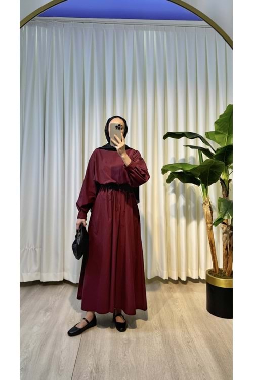 BELİ LASTİKLİ POPLİN ELBİSE - Bordo