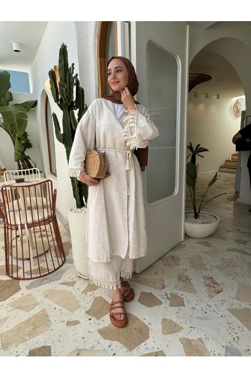 Püskül Detaylı Uzun Kimono ve Pantolon Keten Takım - Bej