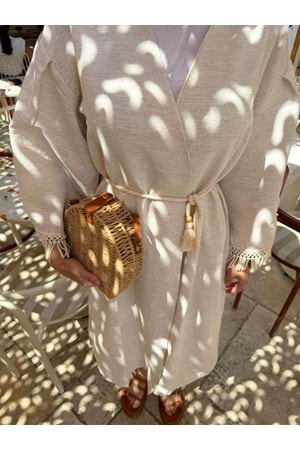 Püskül Detaylı Uzun Kimono ve Pantolon Keten Takım - Bej